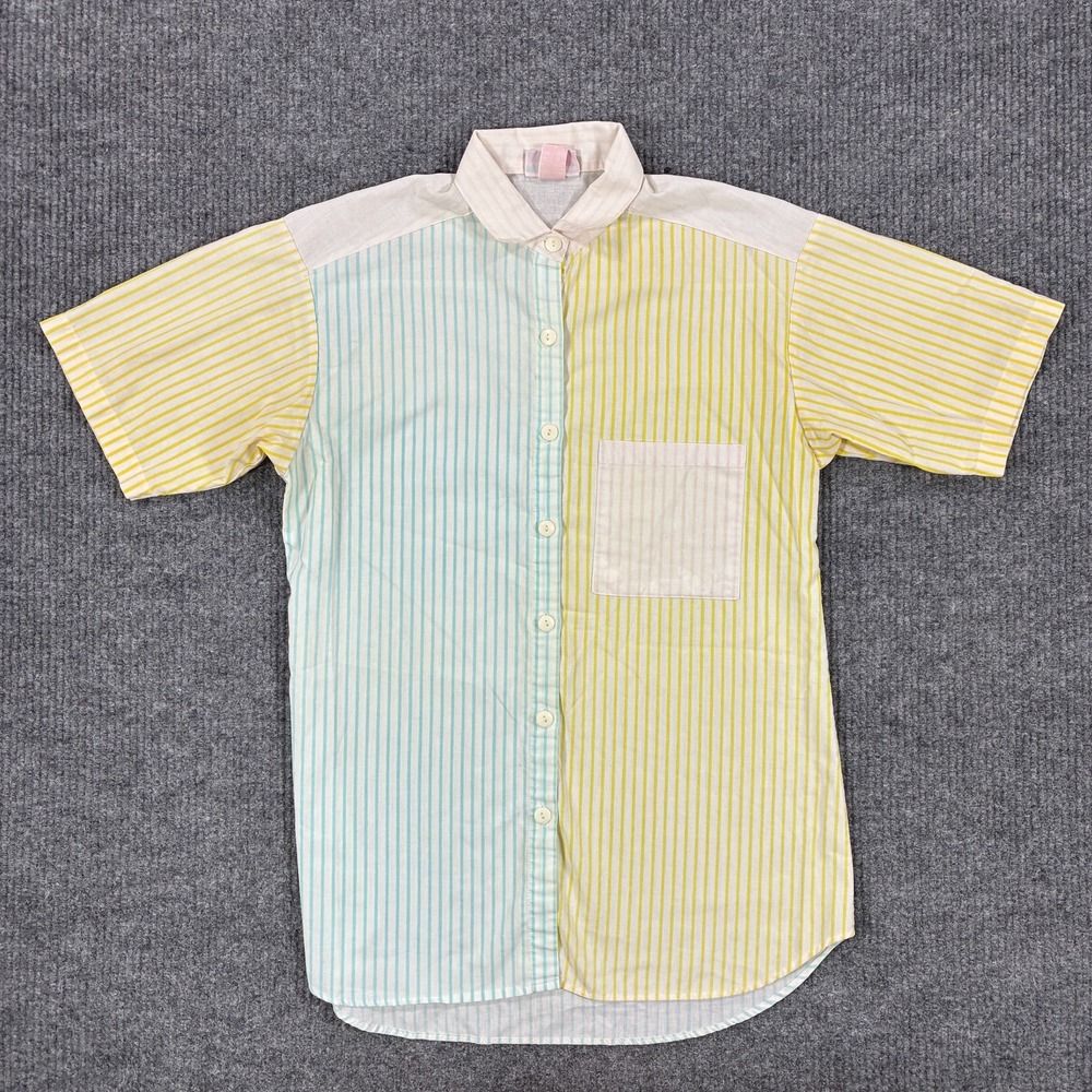 Vintage Active Wear Womens Button Up Shirt M Colorblock Striped 80s Short Sleeve